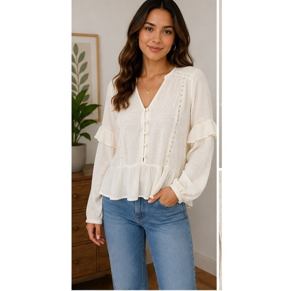 B.O.G Collective Blouse Womens M Boho Cottagecore Cream Lace Ruffle Peplum Top